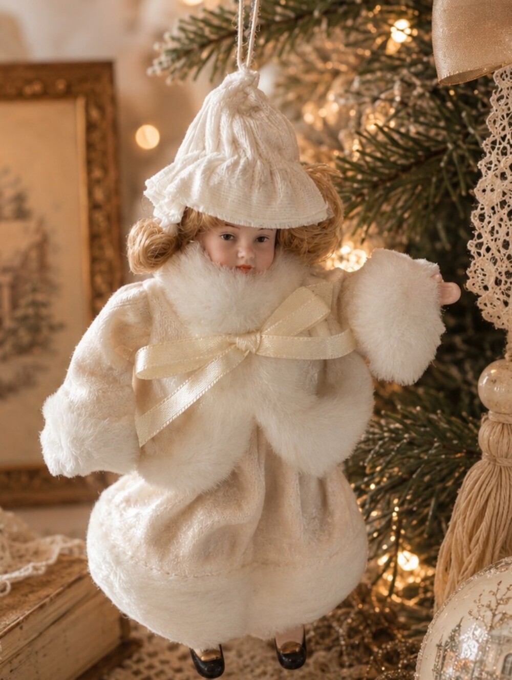 Cottagecore Victorian Winter Girl Ornament Porcelain Christmas Tree Decor